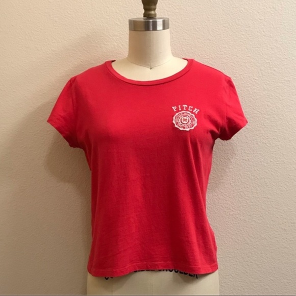 Vintage 100% Cotton Abercrombie & Fitch Coral Red Embroidered Patch Crop T-Shirt - Picture 2 of 8